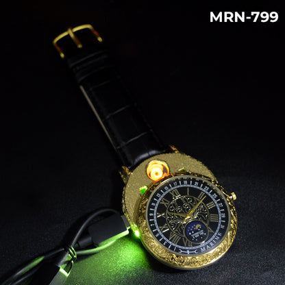 MRN-799 RELOJ MARINE DORADO/NEGRO CUERO ENCENDEDOR CIGARRILO