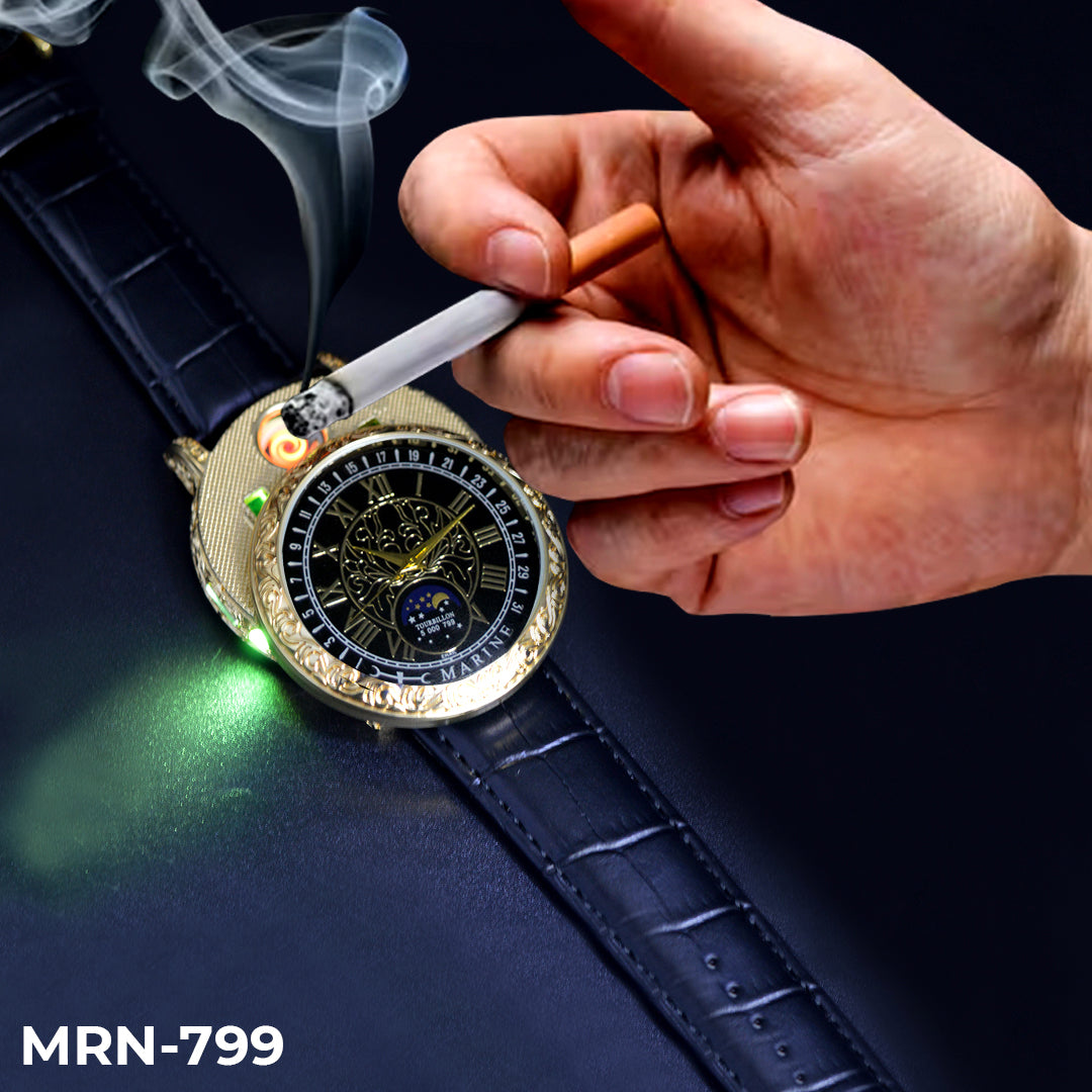 MRN-799 RELOJ MARINE DORADO/NEGRO CUERO ENCENDEDOR CIGARRILO