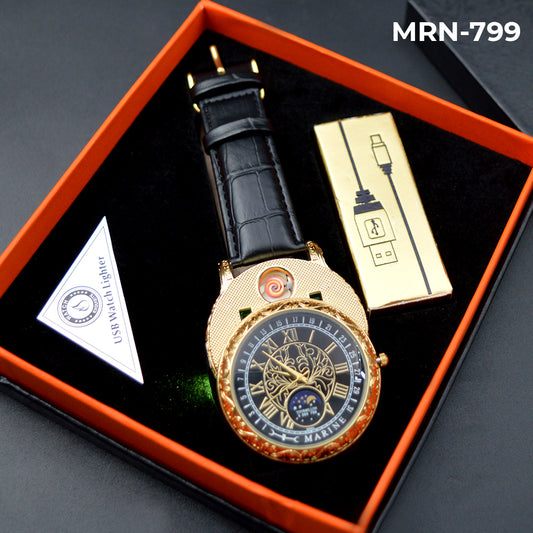 MRN-799 RELOJ MARINE DORADO/NEGRO CUERO ENCENDEDOR CIGARRILO