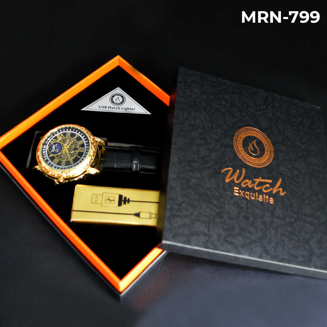 MRN-799 RELOJ MARINE DORADO/NEGRO CUERO ENCENDEDOR CIGARRILO