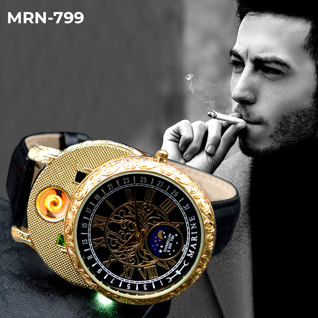 MRN-799 RELOJ MARINE DORADO/NEGRO CUERO ENCENDEDOR CIGARRILO